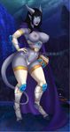  big_breasts black_hair blue_eyes blush breasts cape clothed clothing draenei elbow_gloves female gloves glowing glowing_eyes hair hand_on_hip hooves horn legwear nipples outside pointy_ears pose skimpy slime_puddi smile solo thigh_highs video_games voluptuous warcraft world_of_warcraft 