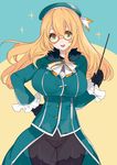  :d agu alternate_eye_color atago_(kantai_collection) beret bespectacled black_gloves black_legwear blonde_hair breasts glasses gloves green_eyes hand_on_hip hat highres holding kantai_collection large_breasts long_hair long_sleeves open_mouth panties pantyhose pointer smile solo sparkle underwear 