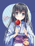  bad_id bad_pixiv_id black_hair blue_eyes candy_apple food hair_ribbon highres japanese_clothes kimono kinchaku long_hair obi pouch ribbon sash solo sousouman yahari_ore_no_seishun_lovecome_wa_machigatteiru. yukata yukinoshita_yukino 