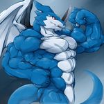  abs anthro claws digimon exveemon featureless_crotch flexing horn male muscles nude red_eyes solo sweat vein waddledox wings 