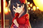  alternate_costume alternate_hairstyle black_hair blue_eyes blush breasts candy_apple flower food hair_flower hair_ornament japanese_clothes kantai_collection kimono large_breasts long_hair looking_at_viewer netarou red_kimono solo twintails ushio_(kantai_collection) yukata 