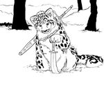  feline feral leopard mammal melee_weapon miraklin monochrome outside ricedawg snow snow_leopard sword tree weapon 