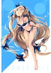  2015 argyle argyle_bikini armband arms_behind_back bare_legs bare_shoulders barefoot bikini blonde_hair blue_eyes bow collarbone full_body hair_bow hair_over_one_eye hair_ribbon hairband highres leaf leaning_forward long_hair looking_at_viewer navel oyeung pandora_(p&amp;d) puzzle_&amp;_dragons ribbon side-tie_bikini simple_background smile solo summer swimsuit very_long_hair 