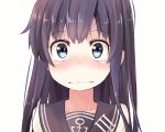  akatsuki_(kantai_collection) black_hair blue_eyes blush closed_mouth commentary_request embarrassed kantai_collection long_hair nose_blush school_uniform serafuku solo taisho_(gumiyuki) upper_body wavy_mouth 