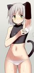  animal_ears arm_up armpits bare_shoulders black_gloves blush cat_ears cat_tail cowboy_shot crop_top elbow_gloves glastonbury1966 gloves green_eyes groin navel panties sanya_v_litvyak short_hair silver_background silver_hair simple_background single_elbow_glove solo steam strike_witches tail underwear white_panties world_witches_series 