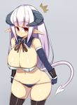  3: bare_shoulders black_legwear blush breasts cleavage covered_nipples demon_girl demon_horns demon_tail detached_collar elbow_gloves gloves groin horns huge_breasts looking_at_viewer navel nervous original panties panty_pull plump pointy_ears puffy_nipples purple_hair red_eyes sawati solo sweatdrop tail thick_thighs thighhighs thighs underwear wide_hips yuna_(sawati) 
