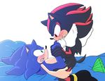  anal anal_penetration angelofhapiness bed blush chest_tuft clothing cum footwear fur green_eyes male open_mouth penetration penis red_eyes shadow_the_hedgehog sonic_(series) sonic_the_hedgehog sweat tuft 