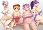  aki_minoriko bare_legs bare_shoulders barefoot blonde_hair blue_ribbon blush breasts cleavage crescent crescent_hair_ornament curvy eyebrows food fruit grapes hair_ornament hat large_breasts letty_whiterock long_hair looking_at_viewer multiple_girls nishiumi_rin open_mouth panties patchouli_knowledge pink_eyes pink_hair plump purple_eyes purple_hair red_eyes red_ribbon ribbon saigyouji_yuyuko short_hair silver_hair simple_background smile sweat thick_eyebrows touhou underwear white_background yellow_eyes 