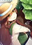  bad_id bad_pixiv_id black_legwear brown_hair cardigan gakkou_gurashi! garden hat long_hair looking_at_viewer looking_back mole mole_under_eye plant school_uniform smile solo straw_hat thighhighs tofu1601 wakasa_yuuri yellow_eyes 