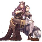 2girls armor barefoot black_armor blood breasts brown_hair camilla_(fire_emblem_if) cleavage crossed_legs eyepatch female_my_unit_(fire_emblem_if) fire_emblem fire_emblem_if hair_over_one_eye human_chair human_furniture kokutan_kitsunen large_breasts lips long_hair multiple_girls my_unit_(fire_emblem_if) nosebleed purple_eyes purple_hair red_eyes sitting sitting_on_person white_hair zero_(fire_emblem_if) 