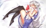  apron ass black_legwear blush bow braid closed_eyes downscaled dress full_body hair_bow hair_ornament hat hat_ribbon izayoi_sakuya lying maid_headdress md5_mismatch mob_cap on_bed on_side resized ribbon short_hair short_sleeves silver_hair solo thighhighs touhou twin_braids waist_apron wrist_cuffs yukizumi_remon 