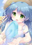  :d blue_hair day dress food green_eyes hat highres long_hair momoirone open_mouth original popsicle smile solo straw_hat sun_hat sundress two_side_up 