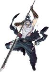  black_hair blood full_body goggles goggles_on_head gourd injury male_focus nihongou nihongou_(touken_ranbu) official_art open_mouth polearm ponytail red_eyes solo spear suzuki_jirou tank_top torn_clothes touken_ranbu transparent_background weapon yari 