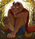  2015 anthro barefoot beard beast_(disney) blue_eyes brown_fur cape claws clothing disney facial_hair foot_focus fur grass horn looking_at_viewer male monster muscles outside pants pawpads paws signature sitting solo teeth toe_claws torn_clothing zen 