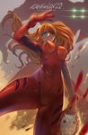  blue_eyes bodysuit breasts cowboy_shot eva_02 eyepatch gradient gradient_background hanh_chu helmet neon_genesis_evangelion orange_hair plugsuit soryu_asuka_langley tape 