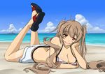  bikini breasts brown_hair cleavage kantai_collection koutarou_(plusdrive) large_breasts looking_at_viewer lying murasame_(kantai_collection) on_stomach solo swimsuit tan tanline the_pose twintails wedge_heels 