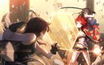  bai_yemeng black_hair chinese_commentary commentary_request fingerless_gloves gloves highres long_hair multiple_girls original red_eyes red_hair single_thighhigh sword thighhighs weapon 