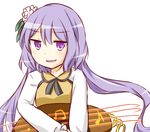  :d beamed_eighth_notes biwa_lute blush disdain eighth_note flower hair_flower hair_ornament instrument looking_at_viewer lute_(instrument) musical_note open_mouth puchimirin purple_eyes purple_hair short_hair_with_long_locks smile smug solo staff_(music) touhou tsukumo_benben v-shaped_eyebrows 