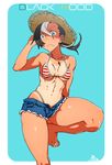  1girl bikini black_hair black_hood blue_eyes breasts cross earrings feet jewelry kamezaemon multicolored_hair navel necklace original ponytail simple_background solo_focus swimsuit tan tanline toned two-tone_hair white_hair 