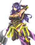  1girl arm_up armor armpits axe breastplate breasts camilla_(fire_emblem_if) cleavage en_(paorasuteki) fire_emblem fire_emblem_if gauntlets greaves hair_over_one_eye purple_hair simple_background solo thighhighs tiara weapon 