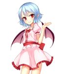  bat_wings blue_hair bow frilled_skirt frills junior27016 looking_at_viewer miniskirt no_hat no_headwear pointy_ears puffy_sleeves red_eyes remilia_scarlet ribbon sash shirt short_hair short_sleeves simple_background skirt skirt_set smile solo touhou white_background wings 