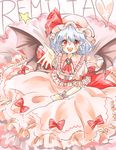 ascot bat_wings blue_hair blush bow brooch character_name collar curly_hair eyelashes fangs foreshortening frilled_cuffs frilled_shirt frilled_shirt_collar frilled_skirt frills hat hat_ribbon heart jewelry long_skirt looking_at_viewer maru_usagi mob_cap open_hand open_mouth outstretched_arm outstretched_hand pink pink_shirt pink_skirt pointy_ears red_eyes red_pupils remilia_scarlet ribbon shirt short_hair short_sleeves sitting skirt slit_pupils smile solo star touhou wings wrist_cuffs 