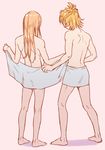  androgynous blonde_hair from_behind hiwakana6121 long_hair male_focus midare_toushirou multiple_boys naked_towel nude open_towel orange_hair otoko_no_ko touken_ranbu towel urashima_kotetsu 
