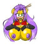  big_breasts breasts ckt clothing cricket-inc ear_piercing fur gloves green_eyes hair hi_res huge_breasts long_hair looking_at_viewer mammal mina_mongoose mongoose piercing purple_hair smile sonic_(series) yellow_fur 