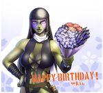  arm_wrap belt black_hair bouquet breasts center_opening cleavage cosplay cosplay_request facepaint flower gamora go-bemiu-gi green_skin guardians_of_the_galaxy hand_on_hip happy_birthday hat holster kamen_rider kamen_rider_kuuga_(series) large_breasts leotard light_smile marvel scarf solo sparkle taikyokuturugi 
