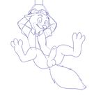  2015 anthro balls blue34cat bottomless bound butt canine clothed clothing disney ears_down erection fox fur half-dressed hands_behind_head hi_res hindpaw looking_at_viewer male mammal monochrome necktie nick_wilde paws penis shirt simple_background sketch solo spread_legs spreading surprise suspension white_background zootopia 