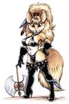  2000 anthro axe blue_eyes boots breasts canine cleavage clothed clothing feathers footwear fox fur gloves hair hand_on_hip high_heeled_boots high_heels legwear loincloth long_hair looking_at_viewer mammal megan_giles melee_weapon simple_background thigh_high_boots weapon white_background 