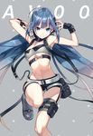  ad album_cover arms_up bandeau bangs belt blue_eyes blue_hair boots breasts chain cleavage commentary_request cover cropped fingerless_gloves gloves hand_on_headphones headphones holster knee_up long_hair medium_breasts midriff multicolored_hair navel original short_shorts shorts silver_hair smile solo strap strapless suspender_shorts suspenders thigh_holster thigh_strap thighs very_long_hair wavforme zaza_(x-can01) 