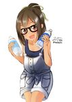  :d bad_id bad_pixiv_id bespectacled bottle brown_eyes brown_hair glasses i-401_(kantai_collection) kantai_collection nekobaka open_mouth overalls ponytail red_eyes school_swimsuit short_hair smile solo sweat swimsuit swimsuit_under_clothes water_bottle 