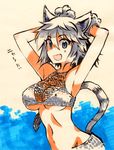  :d animal_ears armpits arms_up bikini blue_eyes breasts cat_ears cat_tail cleavage fang kusanagi_tonbo large_breasts looking_at_viewer marker_(medium) navel open_mouth original paws silver_hair smile solo swimsuit tail traditional_media underboob 