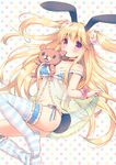  animal_ears babydoll blonde_hair breasts bunny_ears bunny_tail cleavage collar garters highres long_hair medium_breasts multicolored multicolored_polka_dots navel original panties polka_dot polka_dot_background red_eyes solo striped striped_legwear tail thighhighs thighhighs_pull two_side_up underwear usashiro_mani very_long_hair 