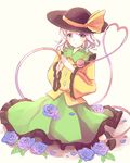  blue_flower blue_rose bow flower green_eyes hat hat_bow heart heart_of_string highres kashiwagi_chisame komeiji_koishi rose sash sitting solo third_eye touhou white_hair wide_sleeves yokozuwari 