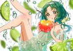  :o akimoto_komachi armpits bare_legs blurry blush bubble chemise cherry depth_of_field detached_sleeves food fruit galibo green_eyes green_hair hairband holding holding_food holding_fruit legs_up lime_(fruit) lime_slice lingerie long_hair oversized_object precure see-through solo strapless underwear yes!_precure_5 