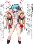  1girl 2boys blue_hair cum cum_in_clothes cum_through_clothes doskoinpo ejaculation femdom green_eyes green_hair hatsune_miku kneehighs lifting long_hair multiple_boys pasties simple_background sports_bra translated translation_request twintails underboob wrestling 