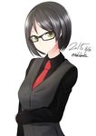  bad_id bad_pixiv_id black_hair formal glasses green_eyes holding_arm kantai_collection kirishima_(kantai_collection) looking_at_viewer necktie nekobaka short_hair solo suit vest 