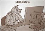  2018 anthro caraid clothed clothing computer digital_media_(artwork) feline mammal sitting sketch solo tongue 