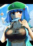  blue_eyes blue_hair blue_sky blush breasts cloud cloudy_sky collarbone day dripping fangs hair_bobbles hair_ornament hat highres jacket kawashiro_nitori large_breasts midriff navel short_hair short_sleeves skindentation sky solo tank_top thecovertgarden touhou twintails two_side_up upper_body webbed_hands wind_chime 