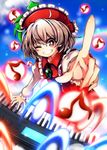  baba_(baba_seimaijo) blue_background blurry brown_eyes brown_hair danmaku eighth_note grin hat instrument keyboard_(instrument) long_sleeves looking_at_viewer lyrica_prismriver music musical_note one_eye_closed playing_instrument rainbow shirt short_hair skirt skirt_set smile solo star touhou vest 