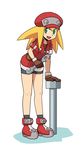  1girl bike_shorts blonde_hair full_body green_eyes hat jumpsuit red_shoes rockman rockman_dash roll_caskett romper simple_background solo wrench zipper 