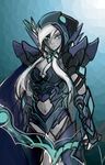  1girl armor artist_request bow defense_of_the_ancients dota_2 gradient gradient_background silver_hair solo traxex 