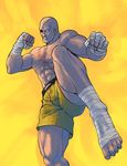  abs ankle_wrap azuma_(ichimako) bald barefoot clenched_hands eyepatch feet feet_out_of_frame fighting_stance hand_wraps male_focus muay_thai muscle no_pupils sagat scar shirtless shorts solo standing standing_on_one_leg street_fighter 