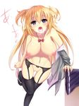  areolae bad_id bad_pixiv_id black_legwear blonde_hair blush bow breasts dk.senie garter_belt heart heart-shaped_pupils highres large_breasts long_hair looking_at_viewer navel nipples open_mouth original panties panty_pull purple_eyes pussy_juice saliva simple_background solo symbol-shaped_pupils thighhighs tongue trembling underwear undressing 