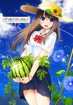  blue_eyes bow brown_hair cloud collared_shirt cover cover_page day doujin_cover dress_shirt flower food fruit hat hat_flower holding holding_food holding_fruit long_hair melon morning_glory original school_uniform shirt skirt solo straw_hat sun_hat sunflower unasaka_ryou watermelon white_shirt wristband 