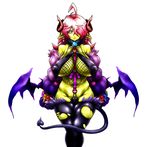  1girl blue_eyes breasts cleavage demon_girl demon_tail fishnets green_skin hair_over_one_eye horns huge_breasts jewelry long_hair pink_hair pointy_ears simple_background solo succubus tail thighhighs torn_pantyhose wavy_hair wings yellow_skin 