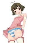  1boy akizuki_ryou artist_request blush brown_hair bulge censored character_request crossdressing decensor_request idolmaster looking_at_viewer mosaic_censoring panties pantyshot red_eyes simple_background solo striped_panties trap underwear 