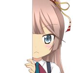  :&lt; blue_eyes brown_hair close-up collared_shirt eyebrows_visible_through_hair face hair_ribbon kantai_collection kazagumo_(kantai_collection) long_hair looking_at_viewer nagineko necktie peeking_out ribbon shirt solo transparent_background upper_body white_shirt 